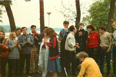 Participants singing at the World Youth Friendship Parliament at Villa Muramaris, Gotland, Sweden July 1988